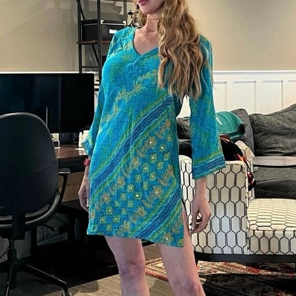 100% Upcycled Silk Indie Ella Embroidered Tunic - Turquoise - OS - Picture 9 of 10
